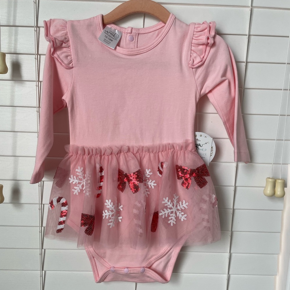 NWT Pink Ruffled Girls Candy Cane Bodysuit Dress Sweet Wink brand
